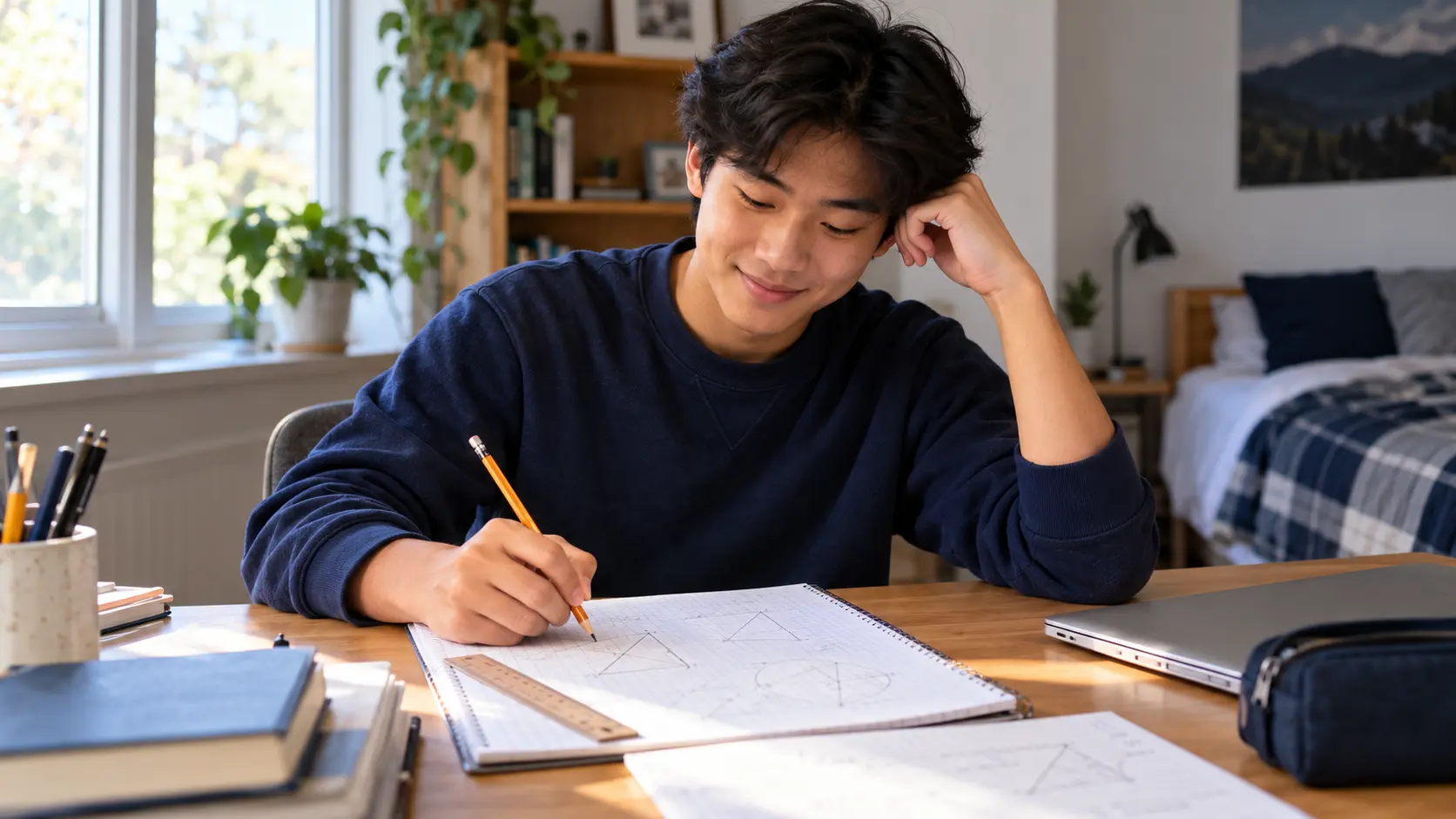 High school student studying geometry at a desk