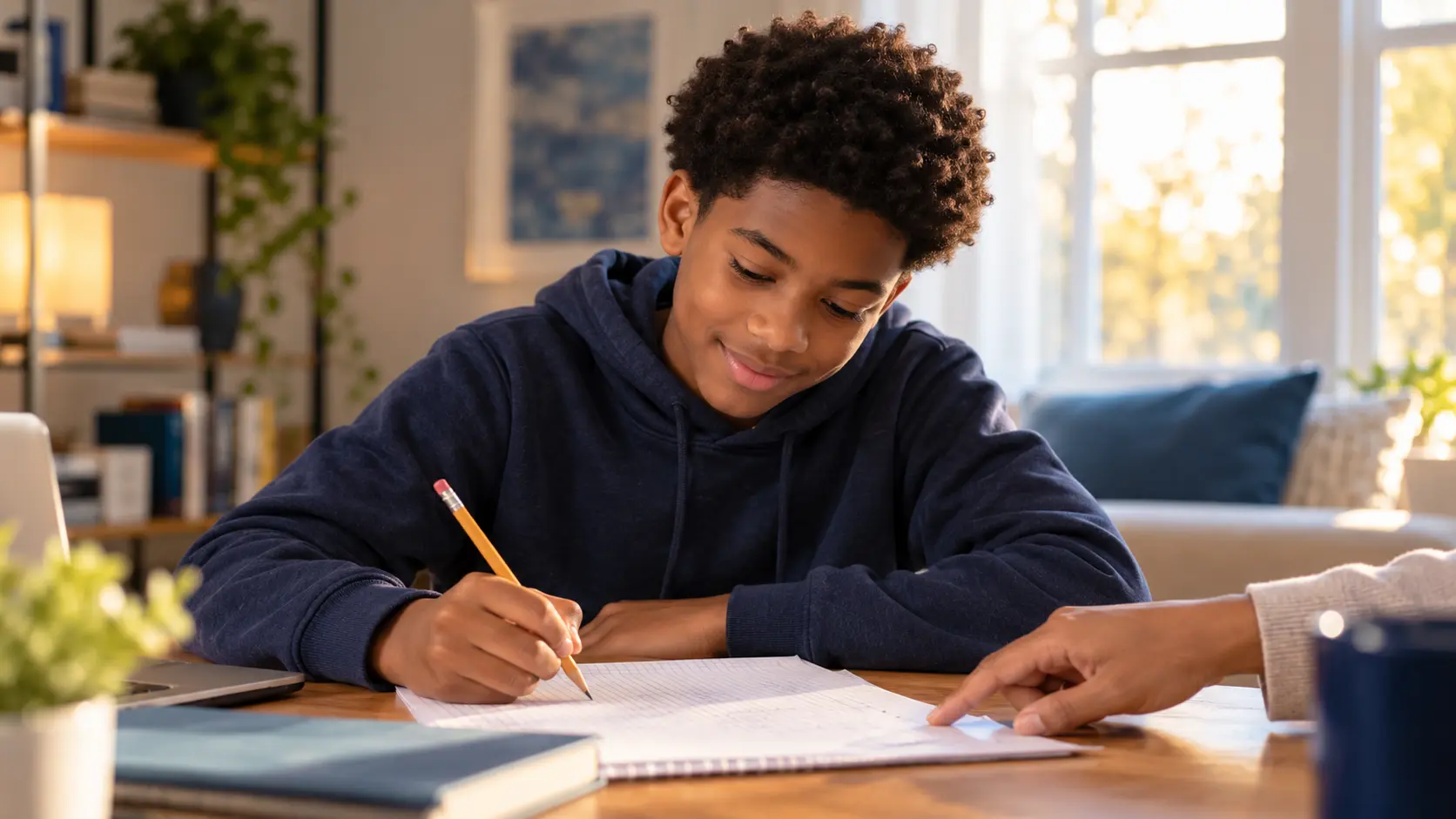 Middle school student working through a math problem in a notebook